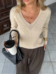 Chiquease Women's Retro French Style Twist Cable Knit Long Sleeve Sweater, Autumn/Winter - Apricot - View 3