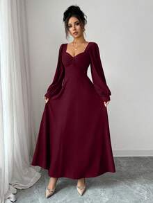 Elenzga 女士优雅方领泡泡袖束腰长裙，适合日常通勤 - 酒紅色 - 查看 6