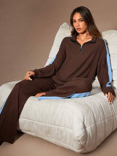 Lazeform Women's Casual Color Block Patchwork Half Zip Collar Long Sleeve Top And Wide Leg Pants Loungewear Set Lounge Sets For Women Comfy Brown Lounge Set Brown Pj Set Long Sleeve Lounge Set Pajama Set, Winter Clothes
