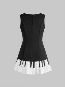 ROMWE Kawaii 可爱的钢琴键盘印花修身 A 字迷你连衣裙，学院风 - 黑色 - 查看 2