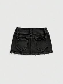 ROMWE Grunge Punk 复古做旧骷髅铆钉低腰性感女式牛仔迷你裙 - 黑色 - 查看 2