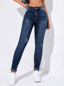 Flexra High-Waisted Button-Embellished Skinny Stretch Distressed Y2K Jeans - Dusty Blue - View 6