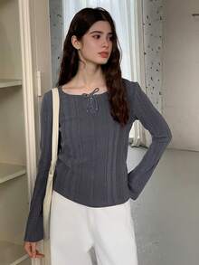 Dazy Kids Teen Girl Solid Color Round Neck Drawstring Flare Sleeve Fitted T-Shirt - Grey - View 6