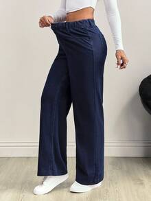 Flexra 女士松紧腰口袋针织休闲牛仔裤，简约时尚 - 藍色 - 查看 3