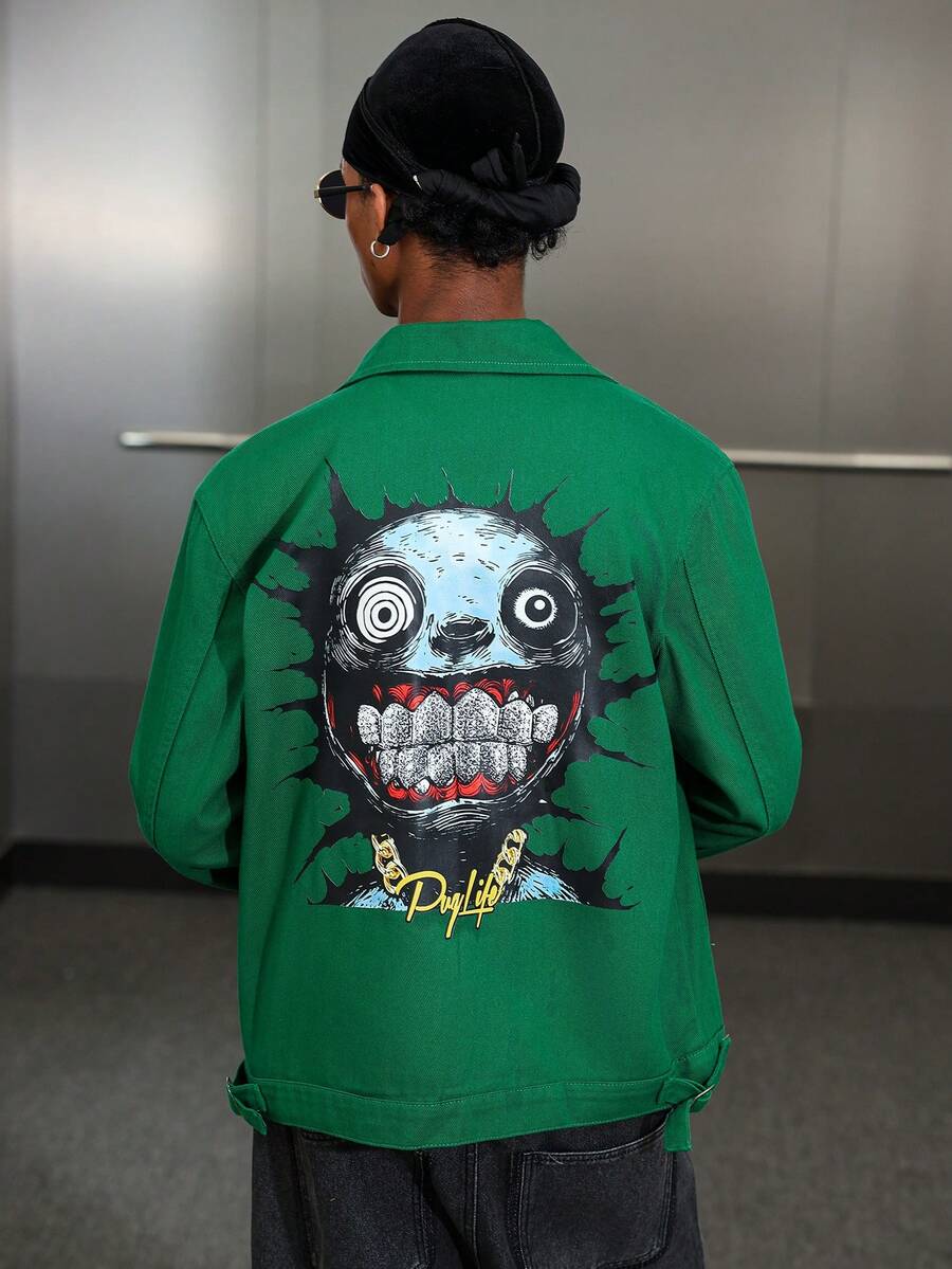 Manfinity ZONE917 Men's Casual Cartoon Pattern Zip-Up Denim Long Sleeve Jacket, Autumn OVERSIZE Regular Washed Party College Washed Denim Jacket - Green - View 1