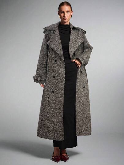 SHEIN BAE Large Lapel Patterned Double-Breasted Long Overcoat, Long Coat Women, Trench Coat Women, Wool Coat Women,Coarse Twill Wool Coat,Elegant Casual Coat In Fall/Winter