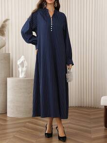 SHEIN Najma 秋冬立领纽扣长袖条纹印花喇叭形女式阿拉伯连衣裙 - 藏蓝色 - 查看 5