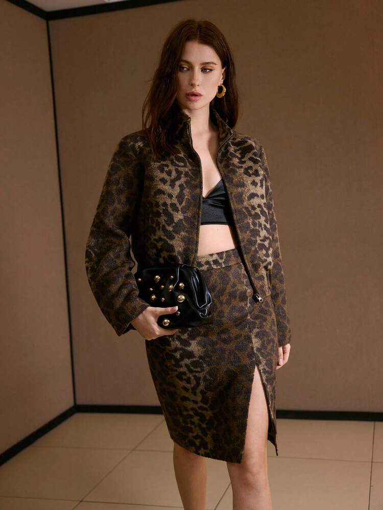 LEOPARD PRINT SIDE SLIT SKIRT, AUTUMN/WINTER