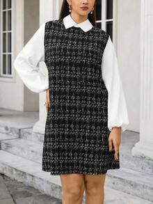 SHEIN LUNE 大码女装秋冬撞色袖衬衫领长袖休闲连衣裙感恩节服装节日派对连衣裙女士派对连衣裙圣诞连衣裙圣诞节服装女式冬季服装冬季连衣裙舒适女装新年服装优雅派对连衣裙亮片连衣裙格子连衣裙黑色连衣裙 - 黑與白 - 查看 3