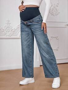 SHEIN 孕妇休闲拉链直筒牛仔裤 - 淺色水洗藍 - 查看 3