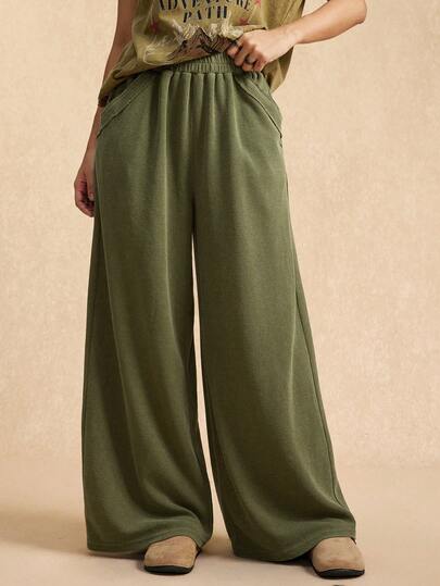 Easelle Vintage Nomadic Washed Relaxed High Waist Wide Leg Comfortable Sports Pants For Women Wide Leg Sweatpants Olive Green Pants Women Pants Women Wide Leg Pants Loose Pants Flowy Pants For Women