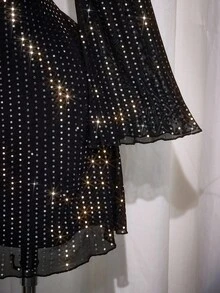 SHEIN ICON Paillettenkleid mit drapiertem Ausschnitt, rückenfreiem Design und Glockenärmeln, A-Linie, Partykleid, elegantes Abendkleid, geeignet für Weihnachten, Halloween - Schwarz - Übersicht 7