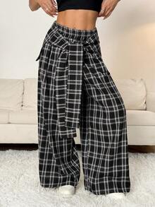 SHEIN PETITE Fall Clothes For Women Going Out Streetwear Plaid Woven Tie-Waist Wide Leg Loose Casual Pants Plaid Pants Checkered Pants - Multicolor - View 8