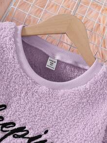 女童休闲毛绒猫咪图案刺绣长裤和长袖舒适睡衣套装 - 淡紫色 - 查看 4