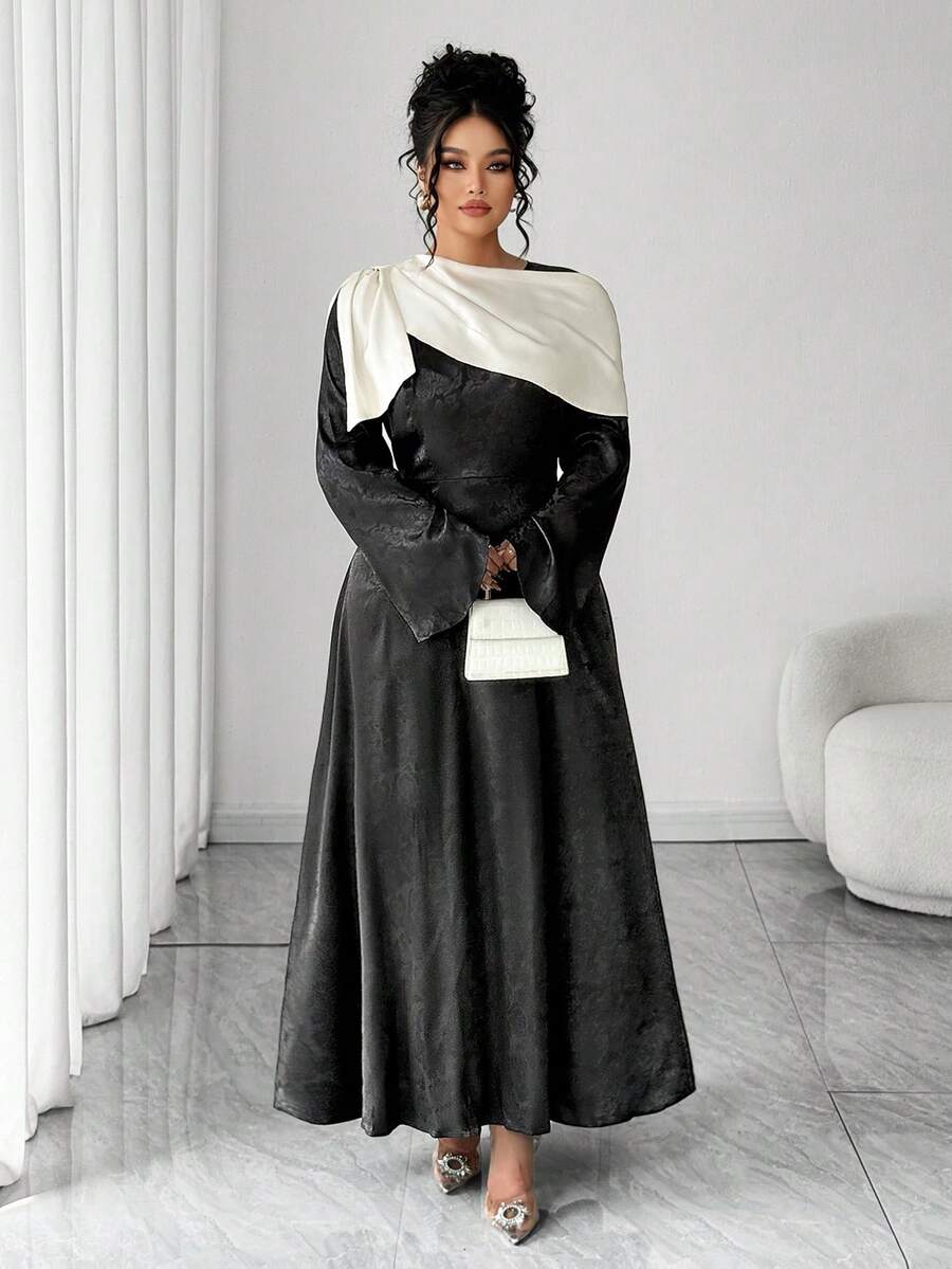 Elenzga Plus Size Women's Woven Regular Elegant Glossy Waist Cinched Black Dress, Autumn/Winter - Multicolor - View 1