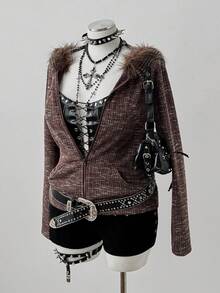 Sunspun Áo nỉ len lông thú giả có mũ trùm đầu cỡ lớn màu nâu, mặc đi chơi ngoài trời, thanh lịch, dự tiệc, thu/đông - màu nâu - Xem 6