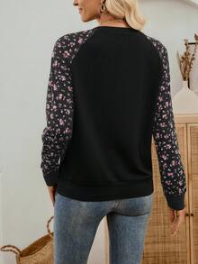 SHEIN LUNE 女式花卉印花纯色拼布休闲圆领长袖运动衫 - 黑色 - 查看 2