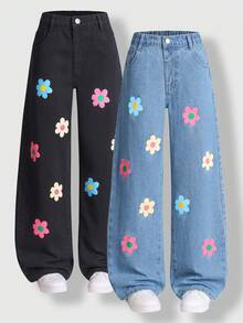 SHEIN Explorewe 青少年女孩牛仔裤，2025 年秋冬新品，两件套，花卉印花设计，舒适贴身，百搭直筒宽松休闲阔腿牛仔裤，适合外出、上学、通勤、派对、圣诞节，完美之选 - 彩色 - 查看 9