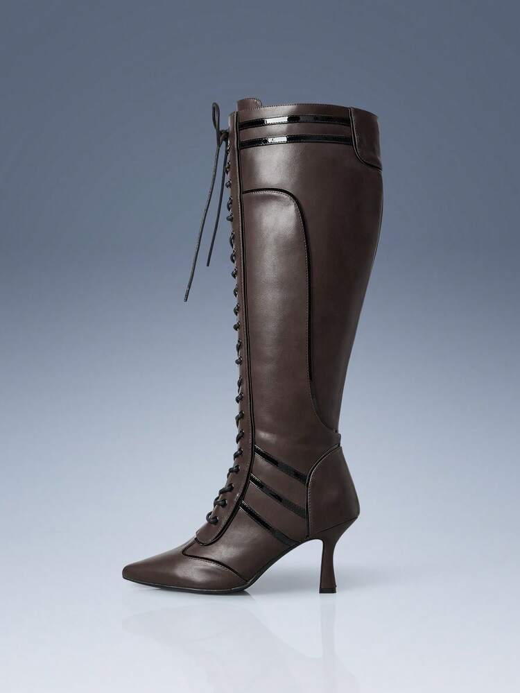 CUCCOO GRLICON Women's Pointed Toe Lace-Up Black & White Color Block Knee-High Boots, Fashion For Christmas, New Year Party, Date Night, Spring Casual, Halloween, Racing Style