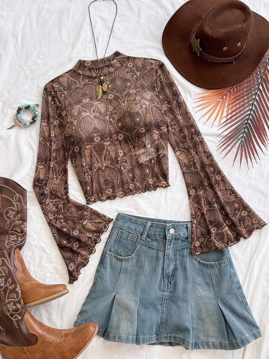 Soleia New Floral-Printed Trumpet-Sleeved Round-Neck Casual Top, Brown Check Pattern, Autumn Bohemian Style, Party And Carnival Theme No Chest Padding - Multicolor - View 1