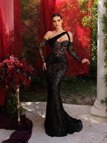 Glamrae Đầm maxi dài tay dáng đuôi cá bằng vải ren đen sang trọng, thời trang, quyến rũ, có phần thân trên, thích hợp cho kỳ nghỉ, đám cưới, tiệc độc thân, dạ hội, lễ hội, ngày Valentine. - màu đen - Xem 4