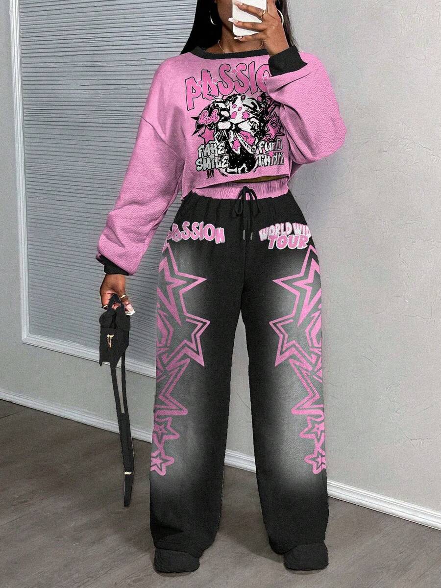Slaydiva Women's Two Pieces Set,Black And Pink Cartoon Character Graphic Loose Sports Streetwear,Winter Everyday Street Wear Y2k Fall Clothes For Hip Hop