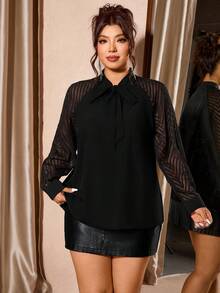 EMERY ROSE Áo sơ mi thường ngày cỡ lớn với vải lưới chắp vá, thích hợp để đi làm và dạo phố, Xuân/Thu/Đông - màu đen - Xem 1