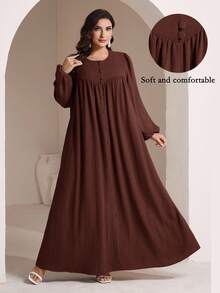 Veilorie Große Größen Damen Einfarbiges Einreihiges Kleid mit Rundhalsausschnitt, Ballonärmeln und weiter arabischer Silhouette