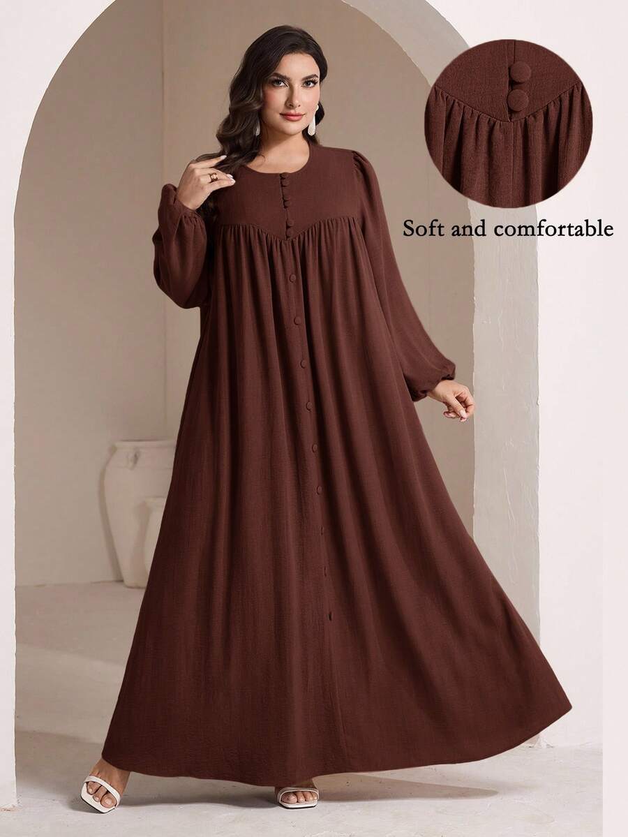 Veilorie Große Größen Damen Einfarbiges Einreihiges Kleid mit Rundhalsausschnitt, Ballonärmeln und weiter arabischer Silhouette