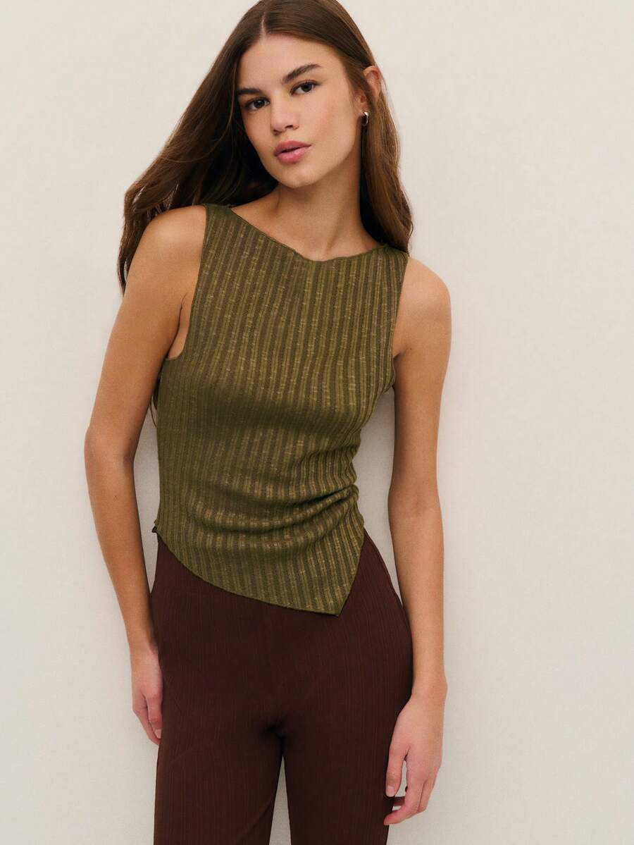 Nöista Sleeveless Ribbed Top With Raw Edges And Asymmetric Hem - Green - View 1