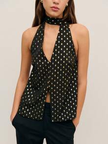 Nöista 这款别致的黑色上衣饰有金色点缀，采用挂脖领口和钥匙孔前襟设计，尽显大胆精致的气质。无论是生日派对、优雅庆典，还是春假外出，它都是女士春假穿搭系列中的亮点之选。 - 黑色 - 查看 4