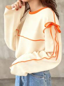 FRIFUL 女士宽松圆领撞色蝴蝶结长袖T恤