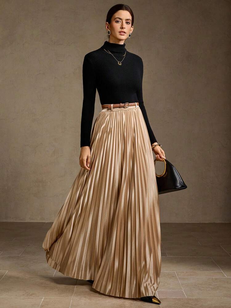 SOLID PLEATED BUCKLE BELTED SKIRT