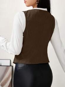 Modelyn Rompi Kasual Wanita Warna Polos Leher V Kancing Tunggal, Musim Gugur - Mocha Brown - View 2