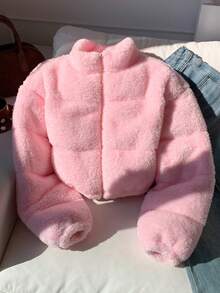 Comfortcana Áo khoác cắt gấu giả lông cừu màu trơn dành cho nữ, Thu/Đông - Hồng - Xem 1