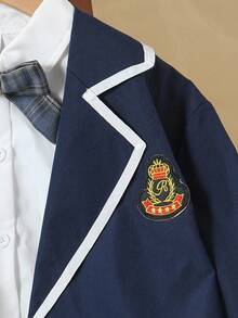 SHEIN 1 套时尚少女春秋学院风撞色领长袖 T 恤夹克 + 褶皱经典格子裙套装，适合旅行、上学、户外、刺绣设计、休闲日常穿着 - 彩色 - 查看 5