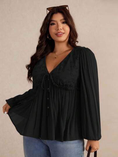 Elaquor Plus Size Women's Casual Solid Color V-Neck Long Sleeve Shirt Plus Size Black Tops Black Babydoll Top/Fall/Winter