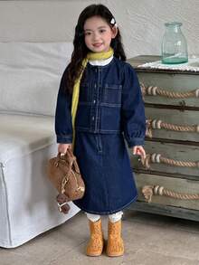 DAZY 女童牛仔上衣和裙子套装 - 藍色 - 查看 4