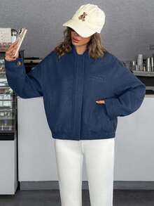 EURMUSE Women's Cropped Bomber Jacket With Elastic Hem And Minimalist Design, Stylish And Versatile Outerwea - Blue - View 3