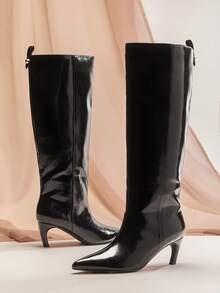 SHUZIA Damskie, minimalistyczne, klasyczne, szykowne, seksowne, szpiczaste noski, zimowe, dzikie, sięgające do kolan buty na obcasie typu kociak - Czarne - Zobacz 6