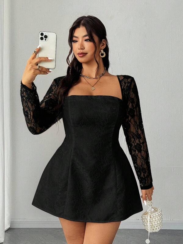 Elenzga Vestido mini elegante de encaje y parches para fiesta de talla grande