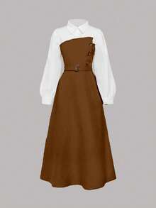 青少年女孩优雅长袖衬衫领连衣裙，二合一设计，非常适合春季、秋季和冬季休闲通勤穿着 - 彩色 - 查看 3