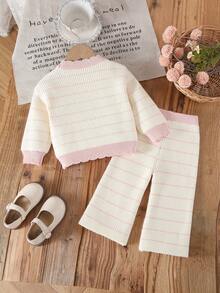 SHEIN Vintaside Kids 2pcs Baby Girls Pink Stripe Knit Sweater And Wide Leg Pants Set,Cute Family Matching Autumn/Winter Elegant Fashionable Knitted Outfit Warm Co-Ord - Multicolor - View 2