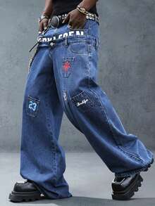 ROMWE MEN Street Life Men's Washed Double Waistband Wide Leg Jeans - Blue - View 4