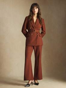 BizChic 2025 Autumn/Winter New Brown Notched Collar Double-Breasted Metal Button Adjustable Waist Metal D-Ring Design Women's Blazer, Modern Elegant Urban Commute Everyday Casual 90s Christmas New Year, Thanksgiving Party, Beach Graduation Fashion, Versatile Romantic Minimalist, Suitable For Wedding Guest, Host, Date, Party, Concert, Brunch, Airport, Multi-Occasion