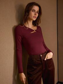 MOTF PREMIUM ASYMMETRIC COLLAR FITTED T-SHIRT, AUTUMN/WINTER - Burgundy - View 6