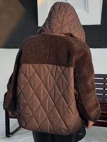 Dazy Plus Abrigo acolchado y forrado térmicamente con capucha y bloques de color, de estilo casual y fashionable, tallas grandes para mujer, otoño/invierno - Marrón - Ver 2