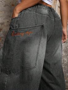 SHEIN ICON Plus Size Casual Distressed Washed Wide Leg Boyfriend Jeans - Grey - View 5