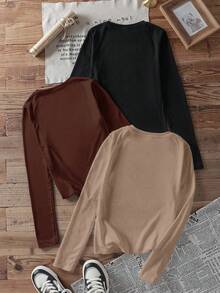 SHEIN EZwear Bộ 3 áo thun bodycon cổ tròn tay dài in họa tiết đồ họa dành cho nữ, Thu/Đông - Nhiều màu - Xem 2