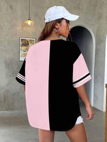 SHEIN EZwear 女士宽松前开短袖衬衫棒球夹克，适合夏季 - 黑色 - 查看 2